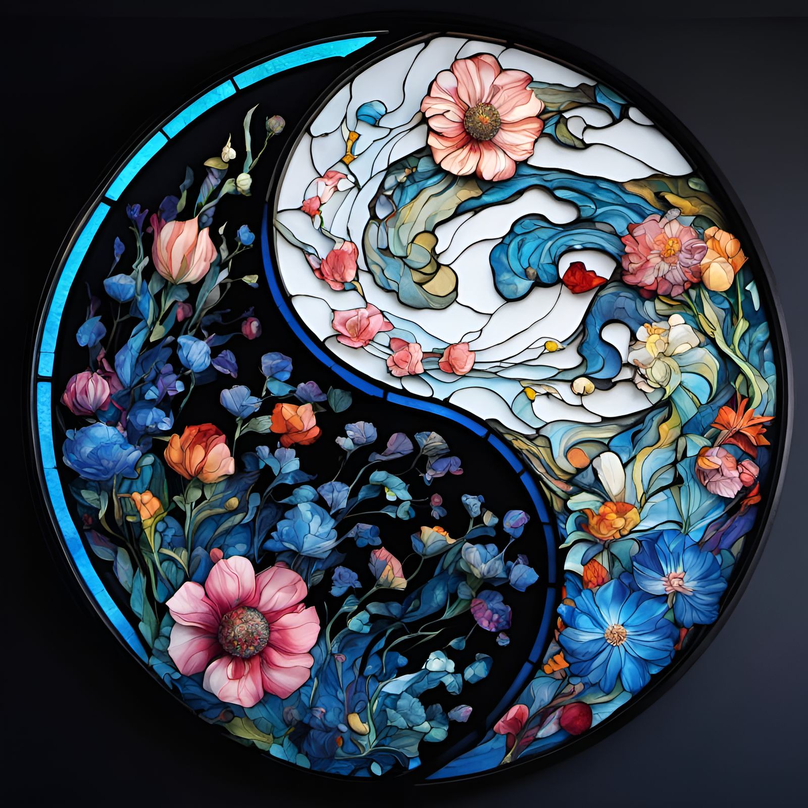 Floral Stained Glass Yin Yang: Hyperdetailed Illustration