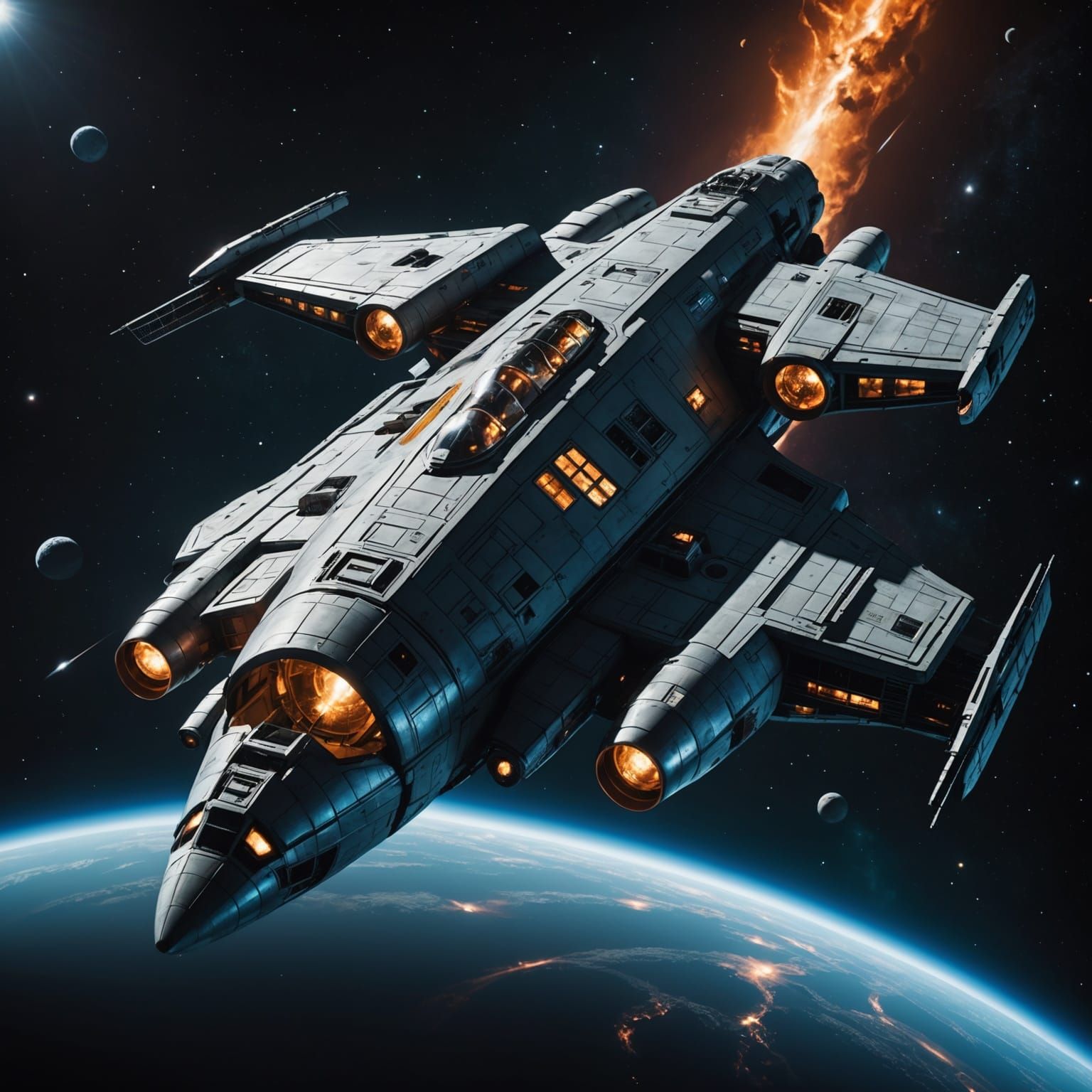 Sleek Galactic Starship Freighter in Deep Space