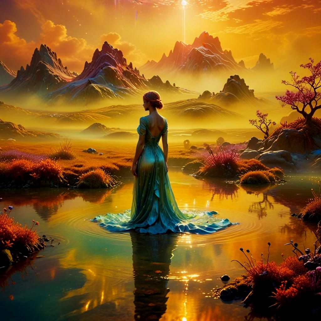 Ethereal Figure in Bizarre Dreamlike Landscape