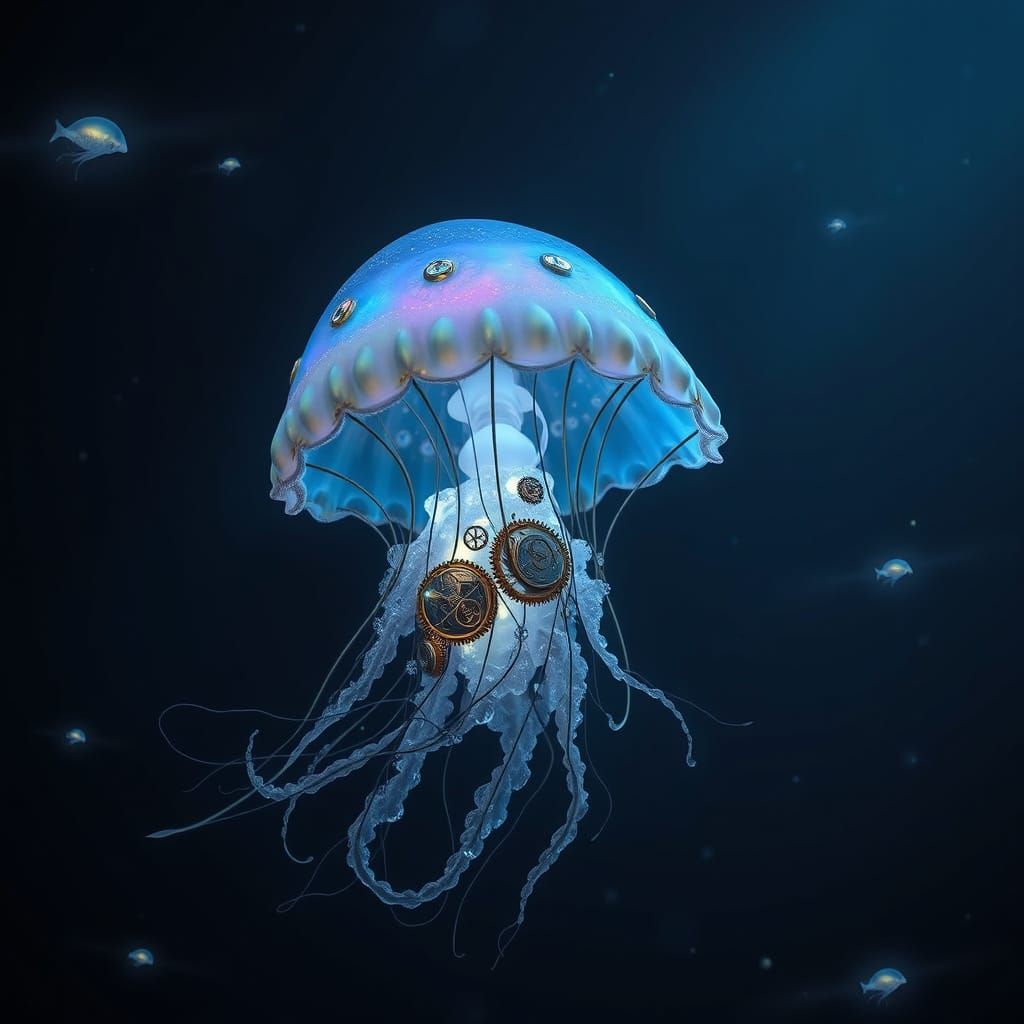 Bioluminescent Clockwork Jellyfish in Alien Ocean