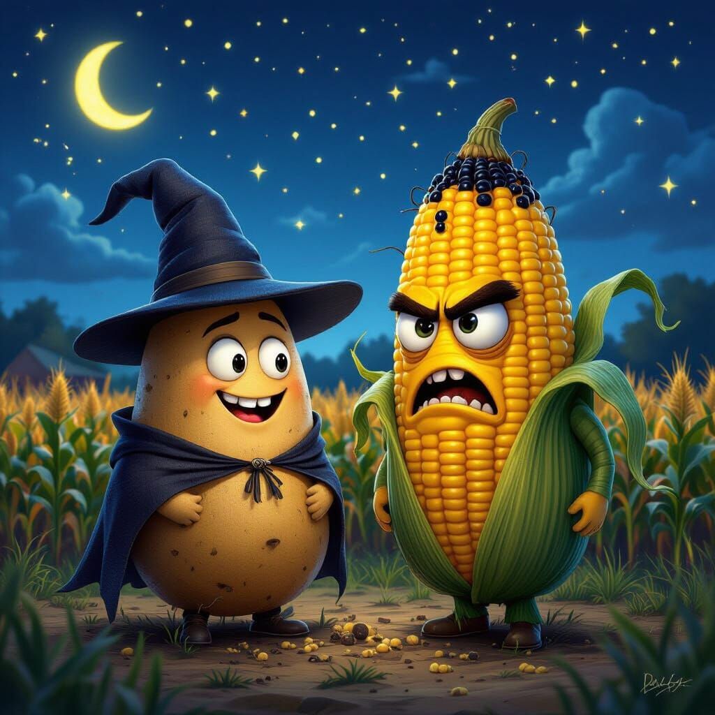 Smiling Potato & Grumpy Corn on Haunted Farm Night