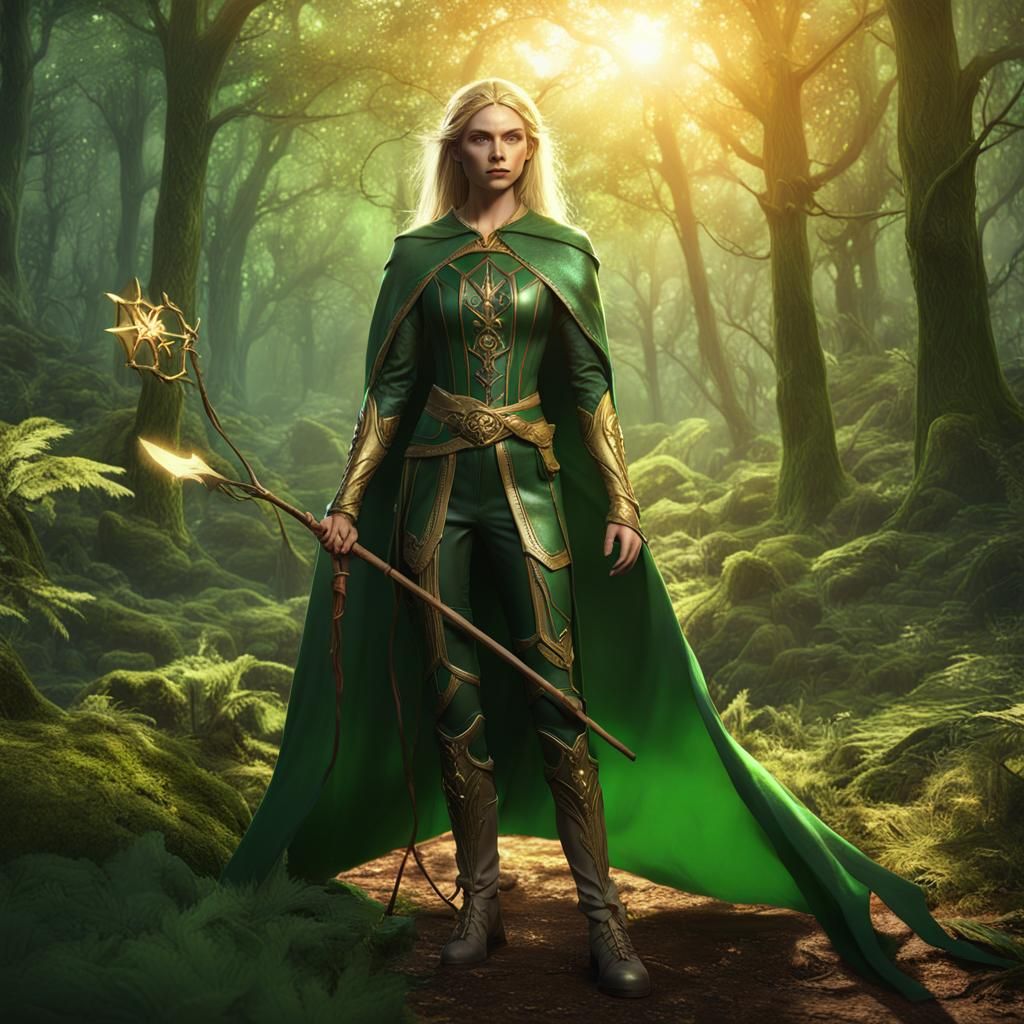 Sunlit Forest Elf with Staff, Detailed Digital Art