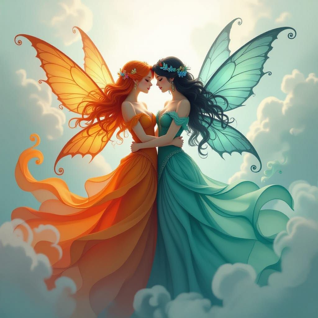 Water and Fire Spirits Embrace in Ethereal Style