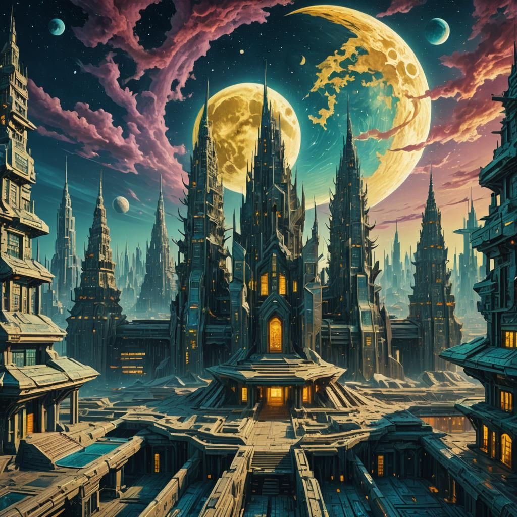 Futuristic Cyber Temple for Moon God, Van Gogh Style