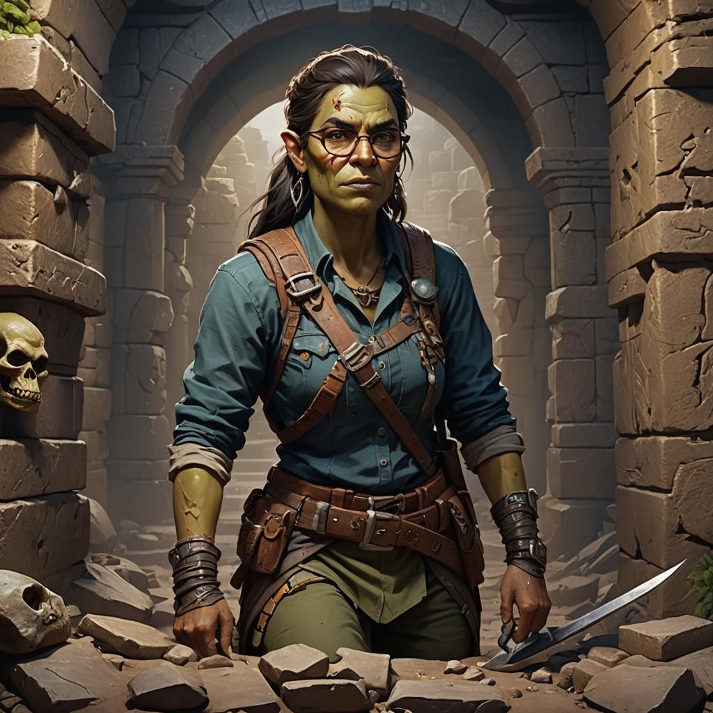 Half-Orc Archaeologist in Ancient Tomb: Fantasy Art