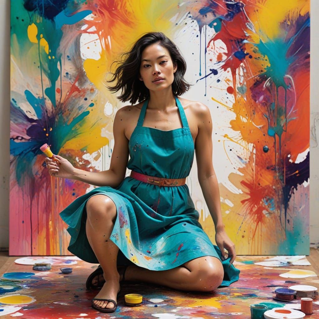 Vibrant Chi Chi in Abstract Expressionist Paint Studio