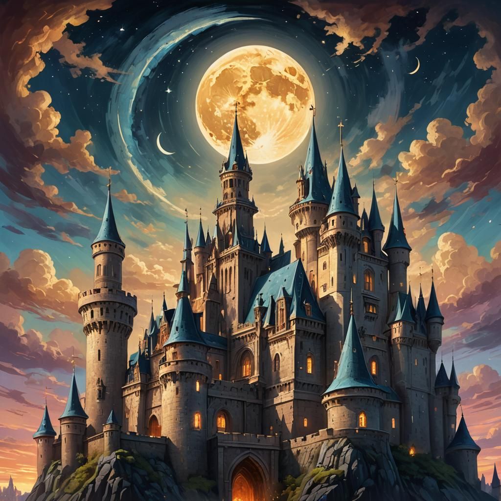 Majestic Angel and Castle on Quarter Moon, Oil Painting