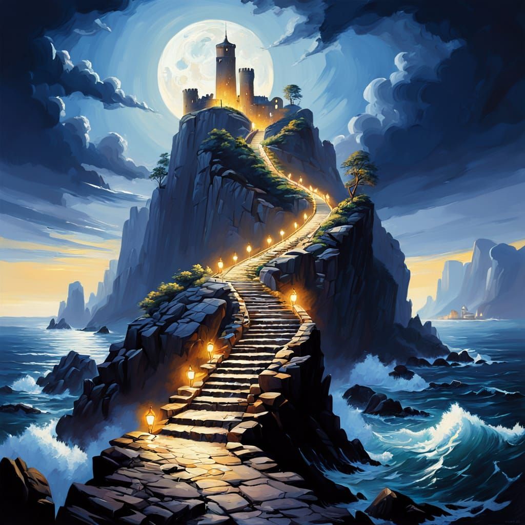 Fortress Island at Night: An Oil Painting Masterpiece