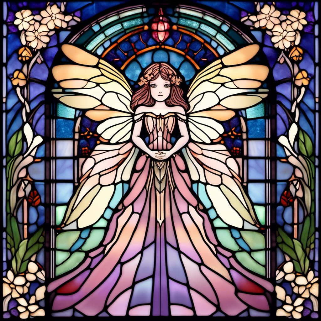 Stained Glass Christmas Fairy Fantasy Scene