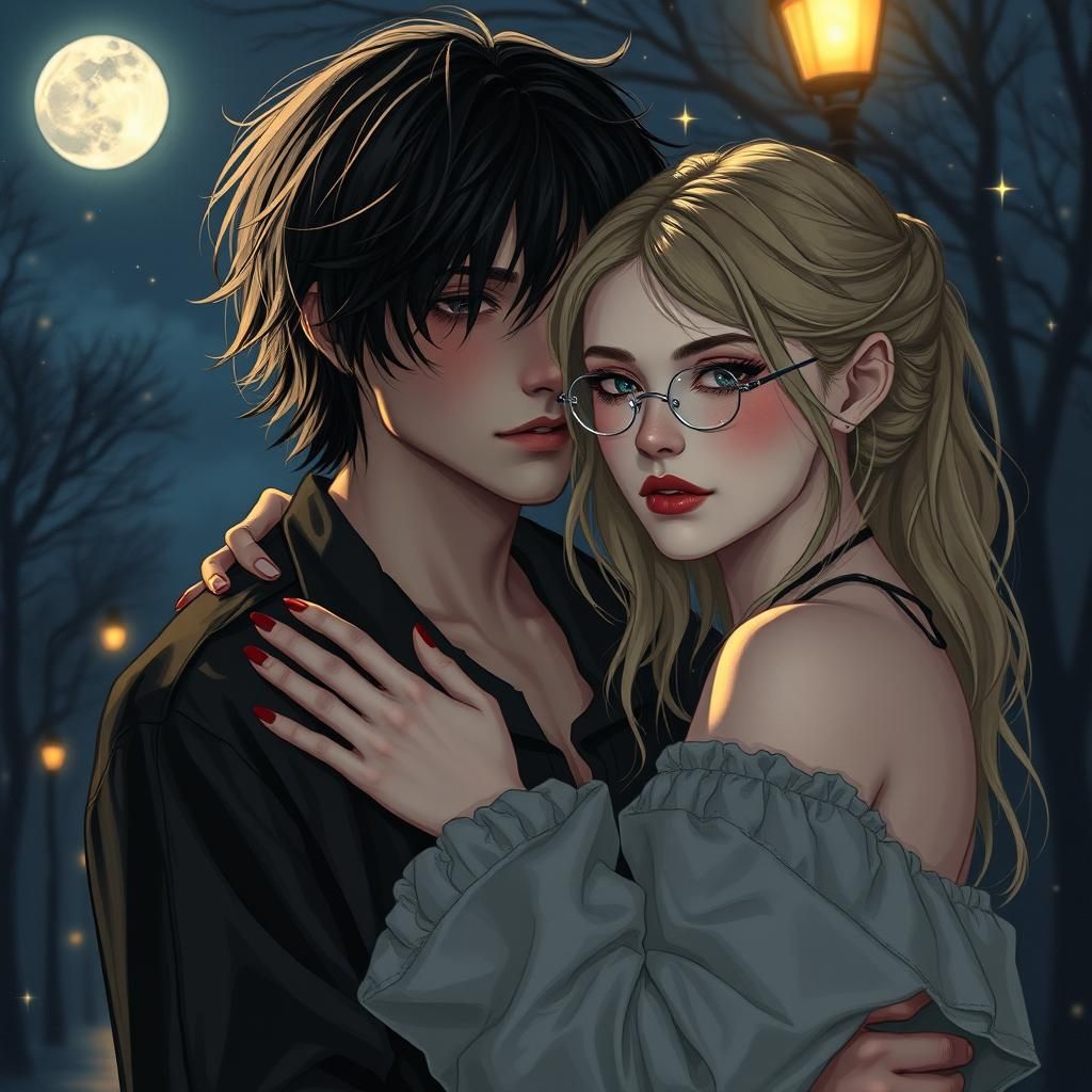 Goth Emo Lovers Embrace in Dreamy Moonlight