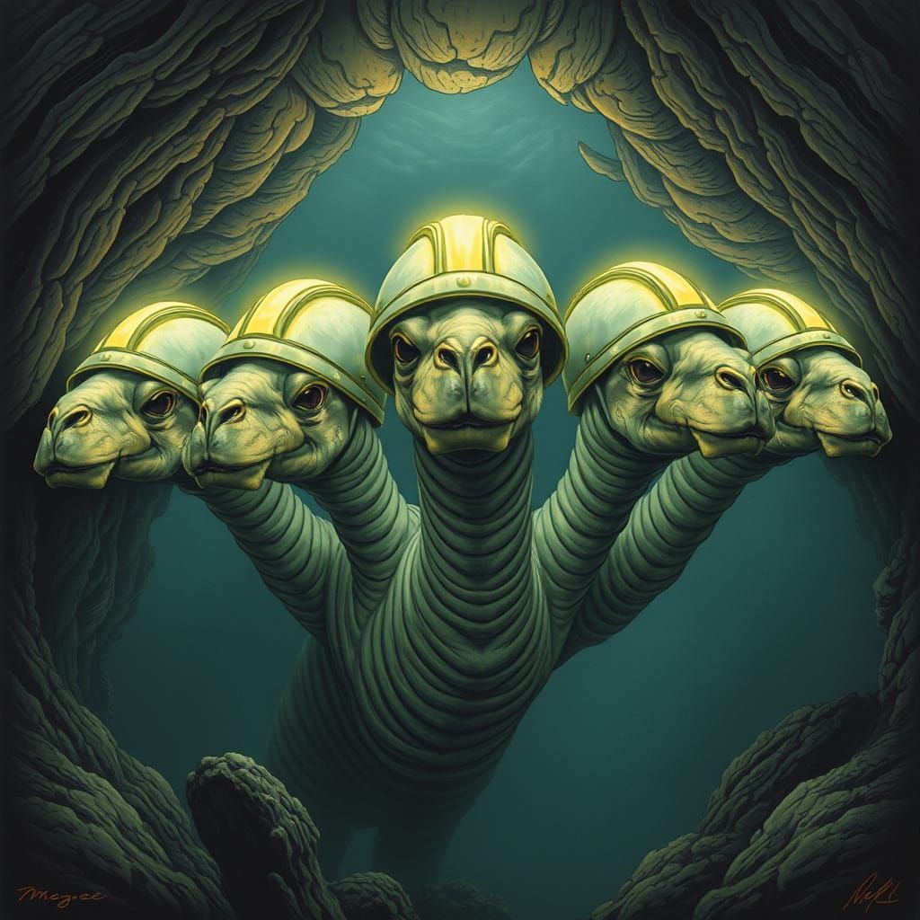 Multi-Headed Loch Ness Monster in Dark Fantasy Style
