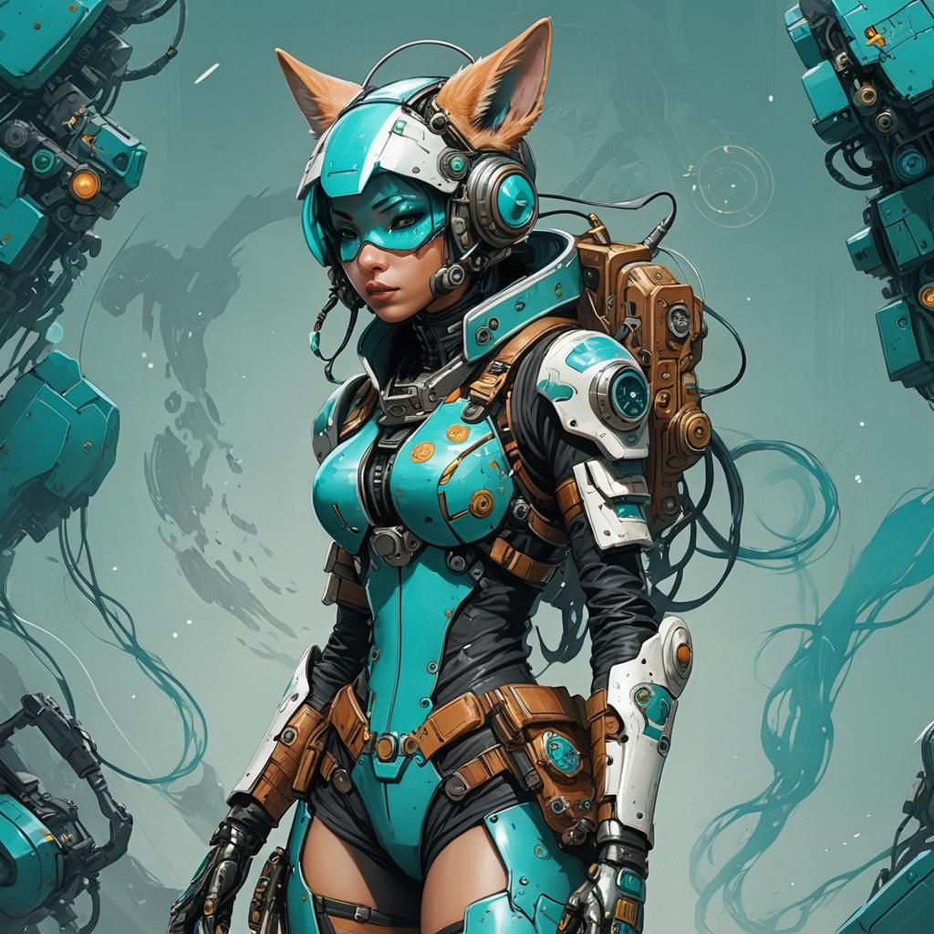 Turquoise Kitsune Cyborg Pilot in Cyberpunk Style