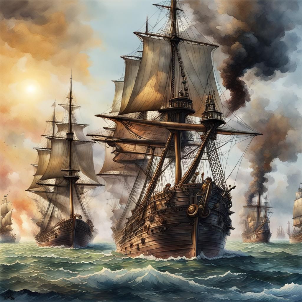 Pirate Ships in Naval Battle, Watercolor Style