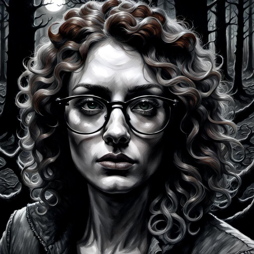 Antlered Woman in Forest: Charcoal Drawing Portrait