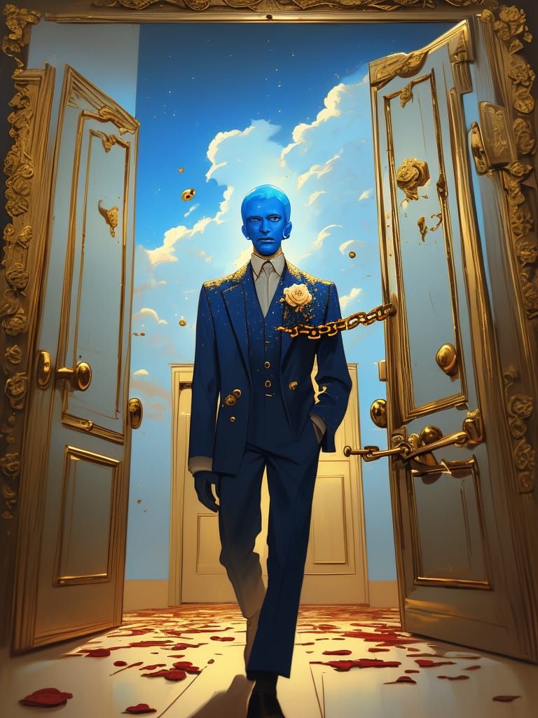 Surrealist Man Walks to Golden Door, Impasto Oil Painting