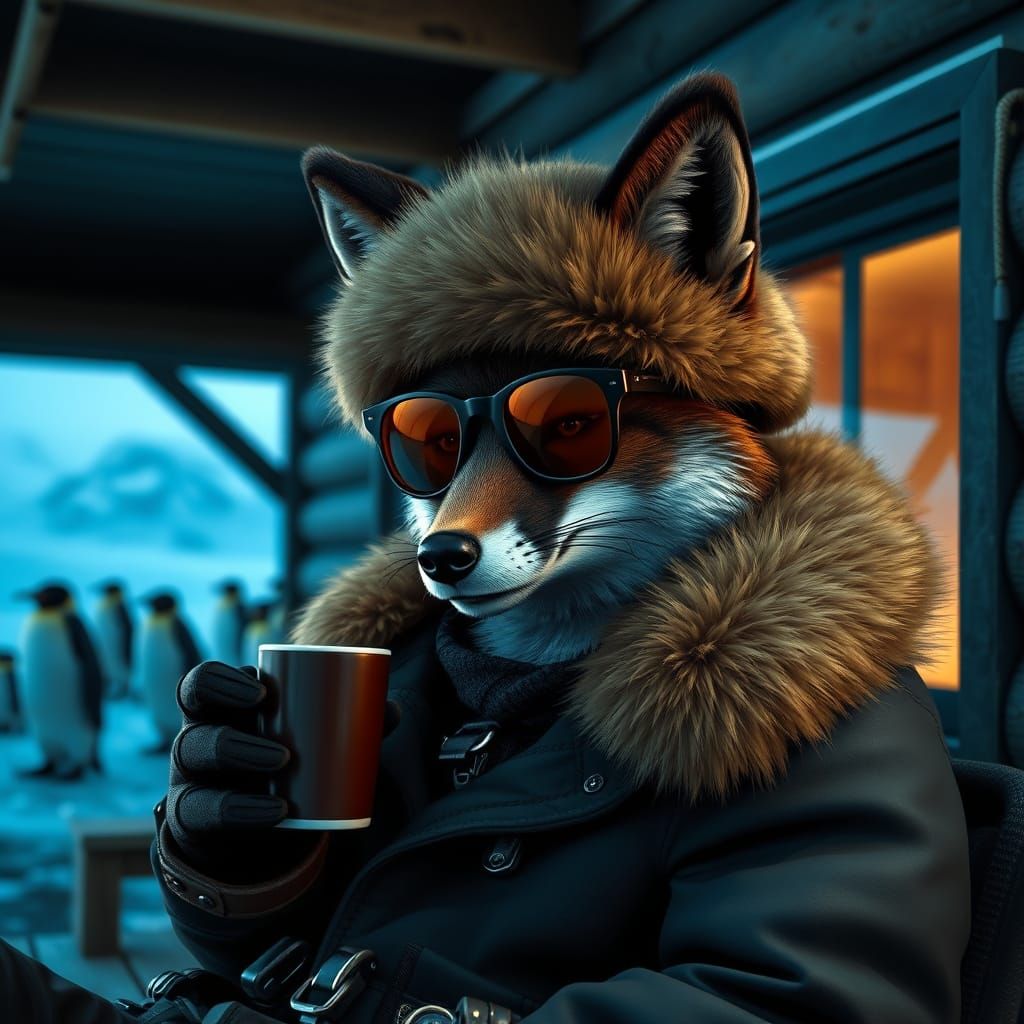 Fox Sipping Coffee in Steampunk Arctic Outfit