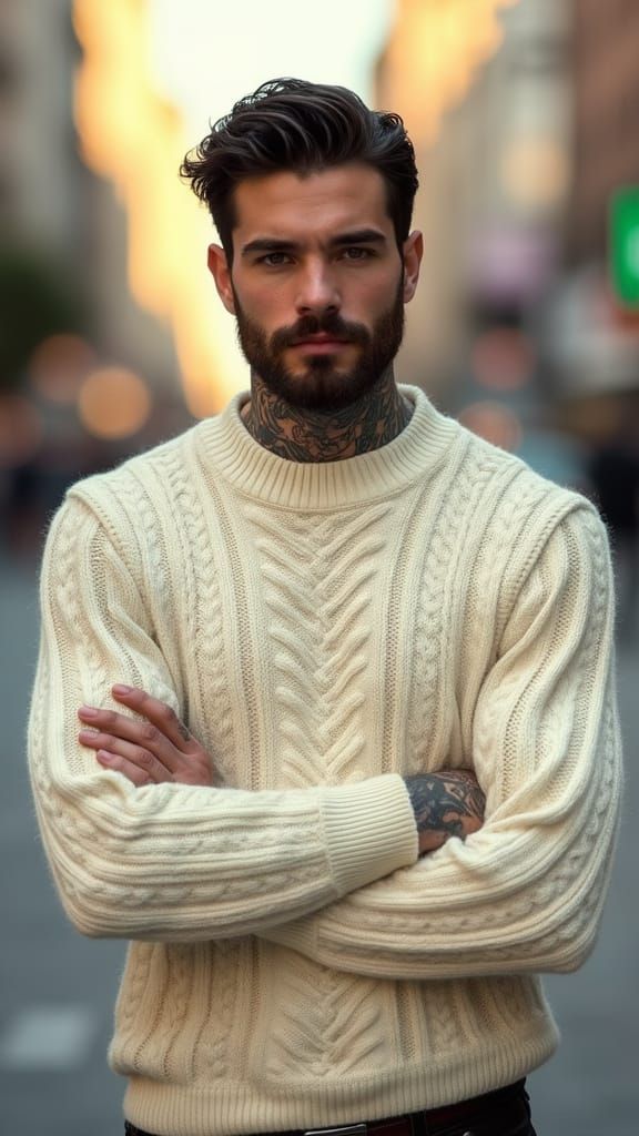 Portrait of a Handsome Man with Tattoo in Cityscape