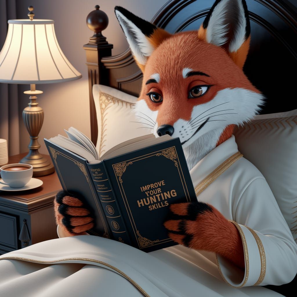 Anthropomorphic Fox Reading in Bed, Realistic Photo