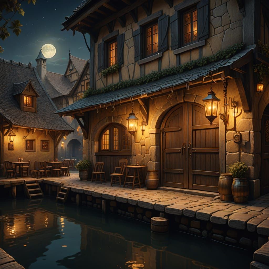 Cozy Medieval Tavern by Moonlight in Warm Oil Painting Style