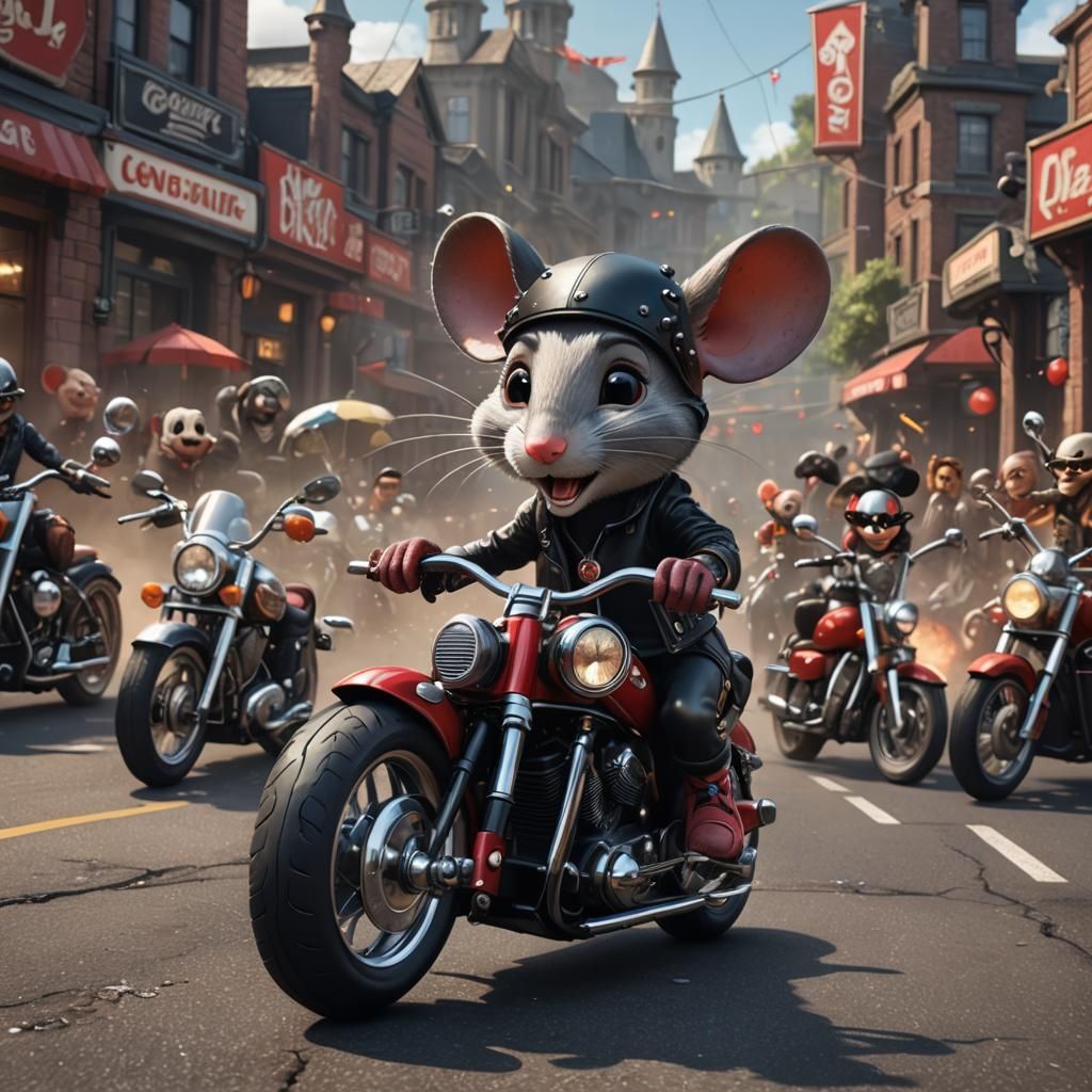 Cartoon Mouse on Chopper at Motorcycle Rally