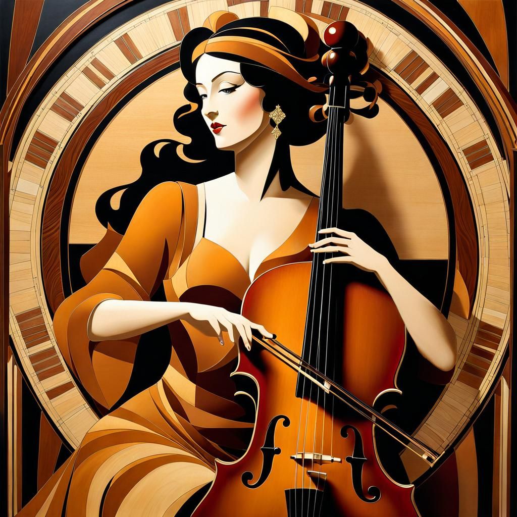 Elegant Marquetry: Female Cellist in Art Deco Salon