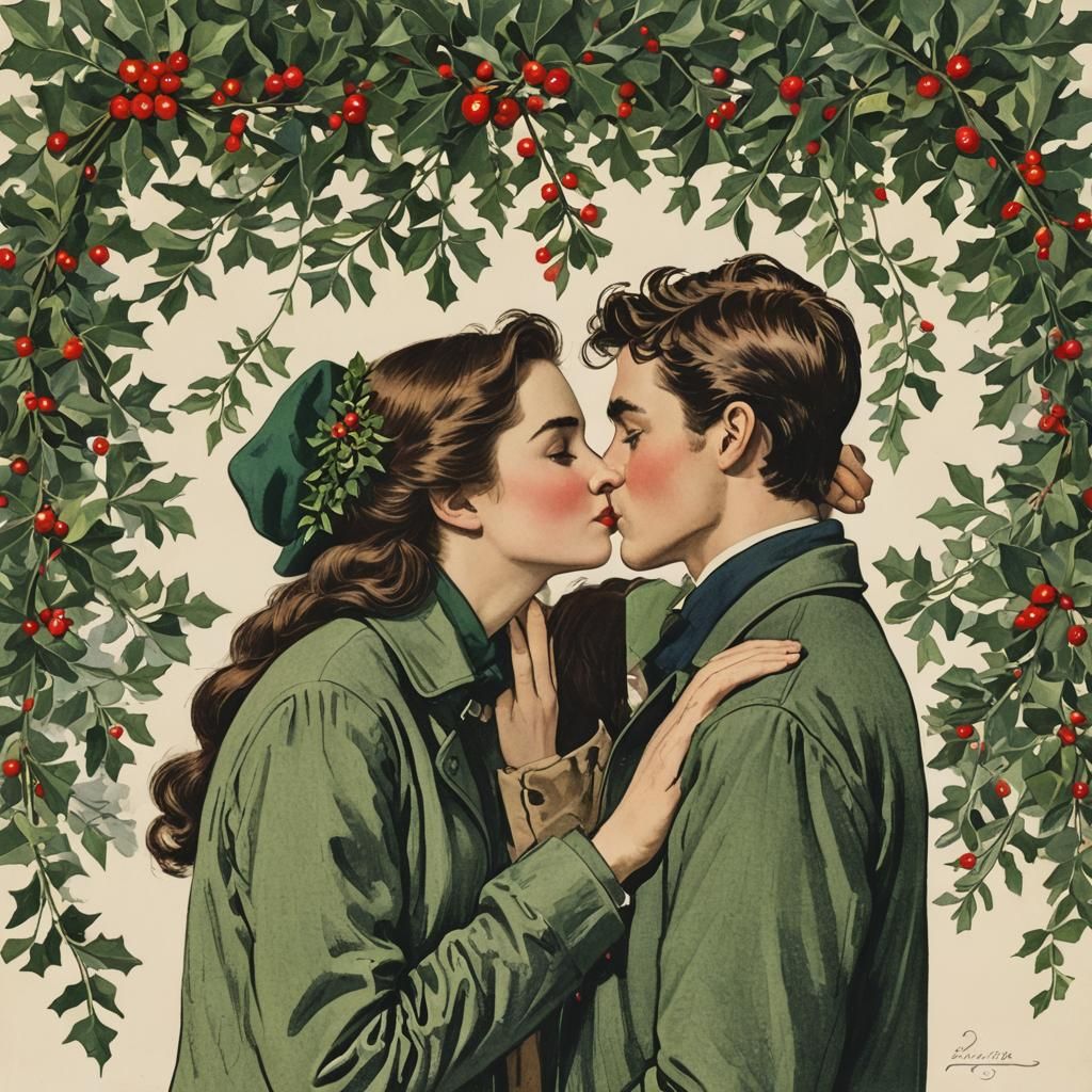 Couple Kissing Under Mistletoe in a Romantic Holiday Scene
