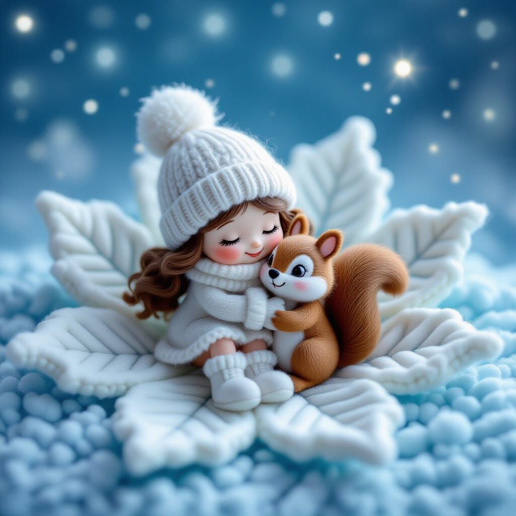 Knitted Snowy Micro-World on Maple Leaf Diorama