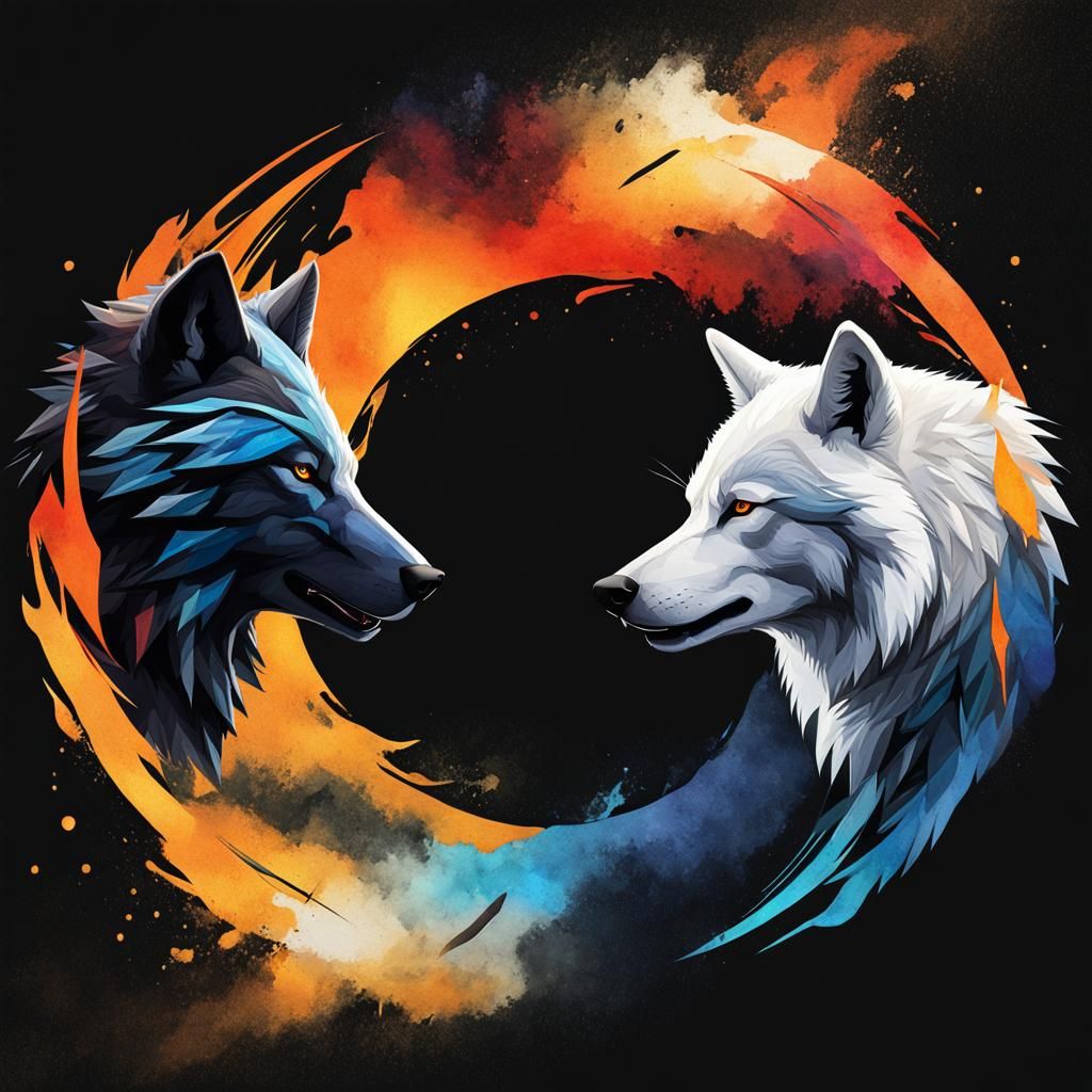 Wolves Chasing in Circle: Watercolor Splash Art