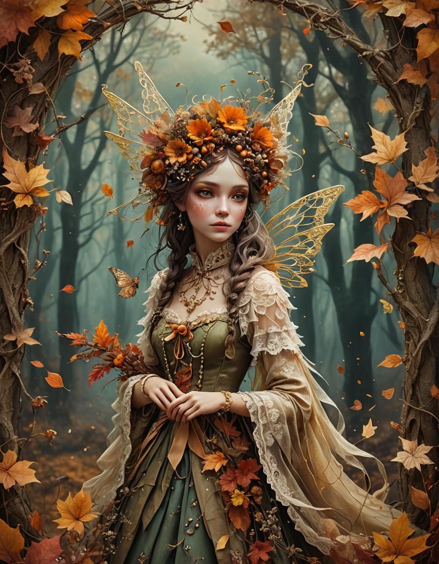 Autumn Forest Fairy with Flowers and Lace