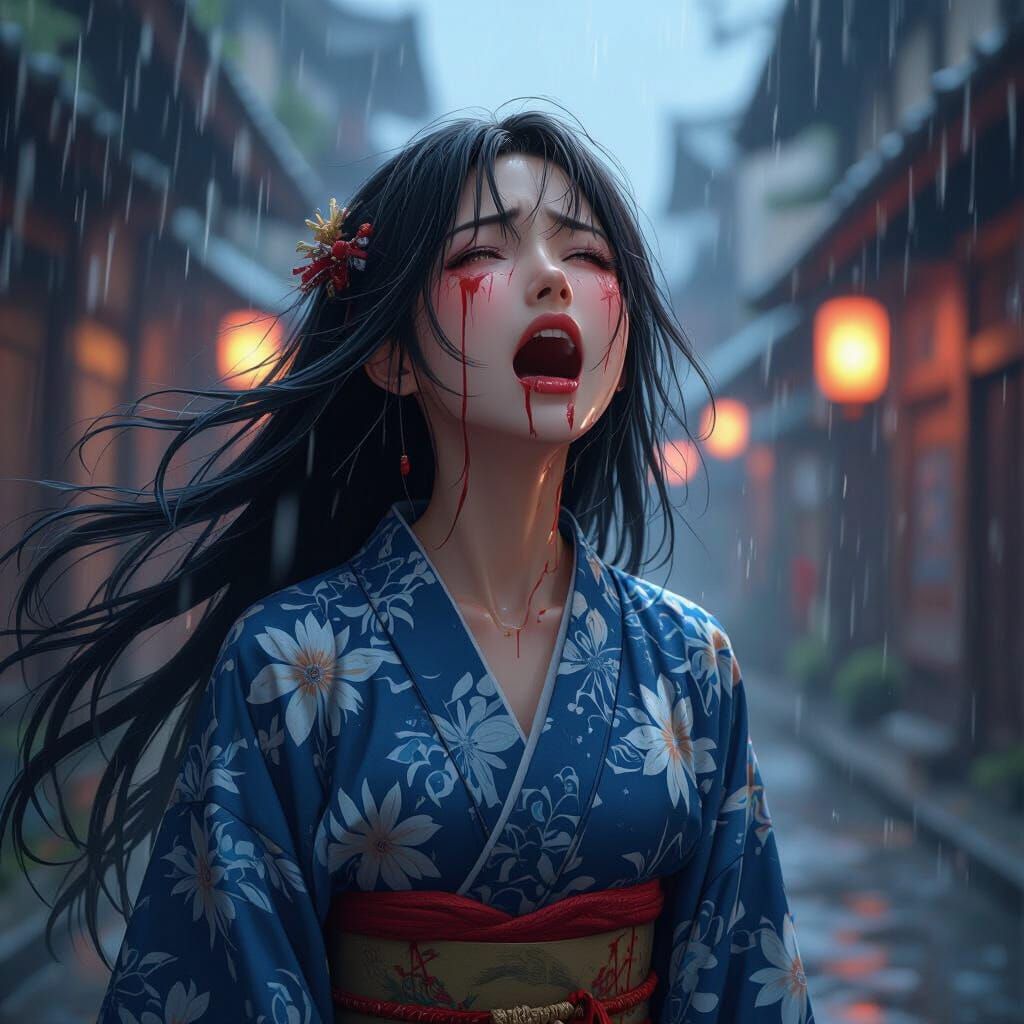 Anime Girl in Blue Kimono Screaming in Blood Rain