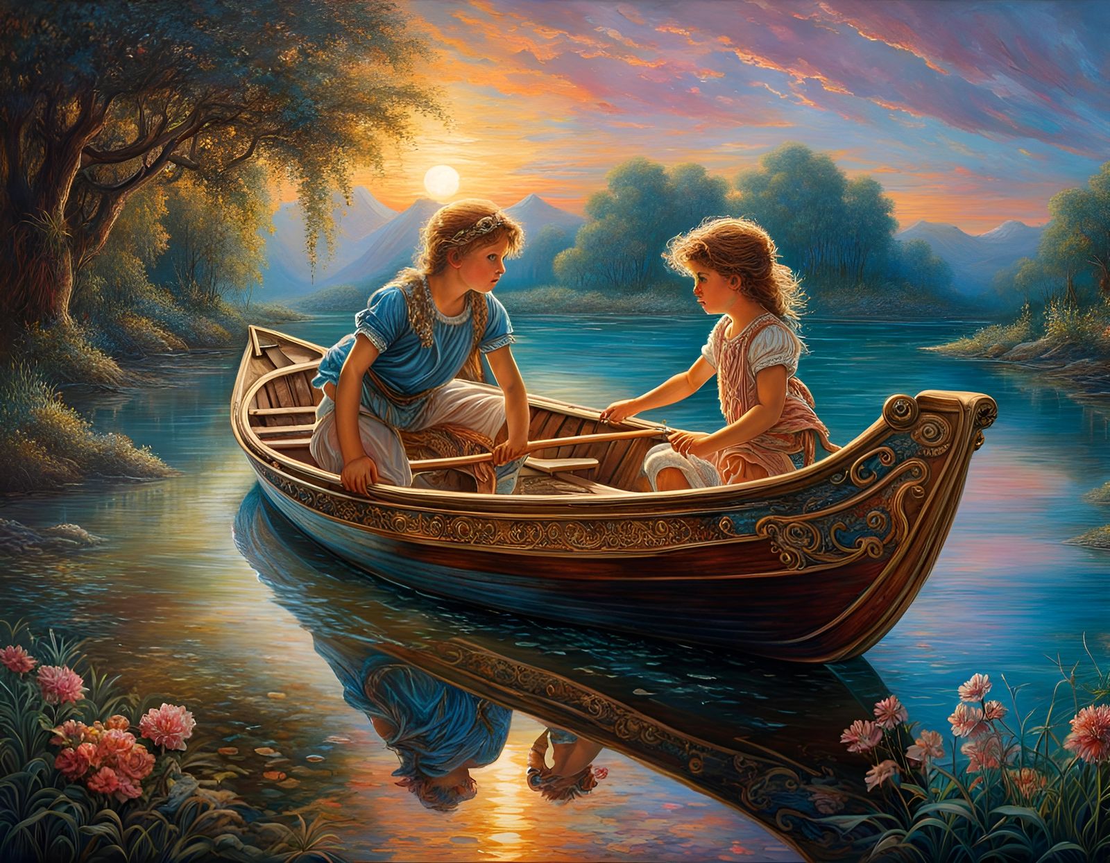 Rowboat Reflections in Volumetric Light: Oil Painting
