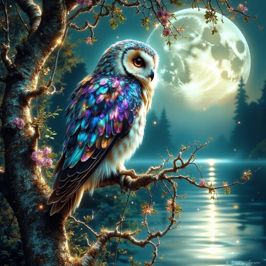 Luminous Owl Perches on a Glowing Tree Branch