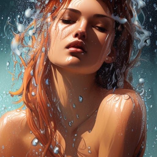 Gorgeous Woman in Shower, Hyperdetailed Digital Art