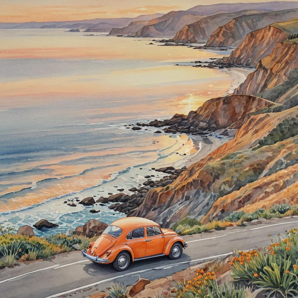 Watercolor Volkswagen Beetle at Pacific Coast Sunset