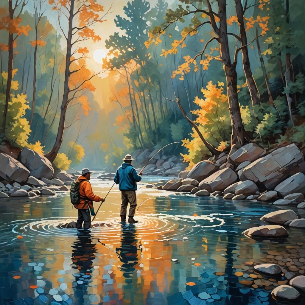 Fisherman at River in Abstract Expressionism Style