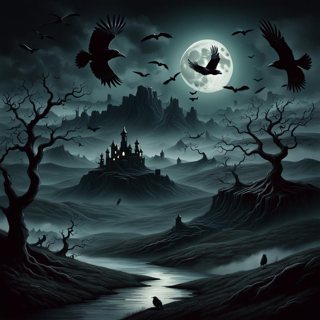 Macabre landscape with ravens