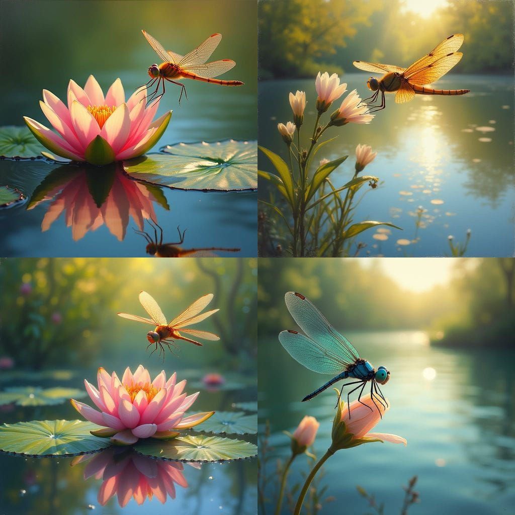 Dragonfly and Flower by Lake, Oil Painting