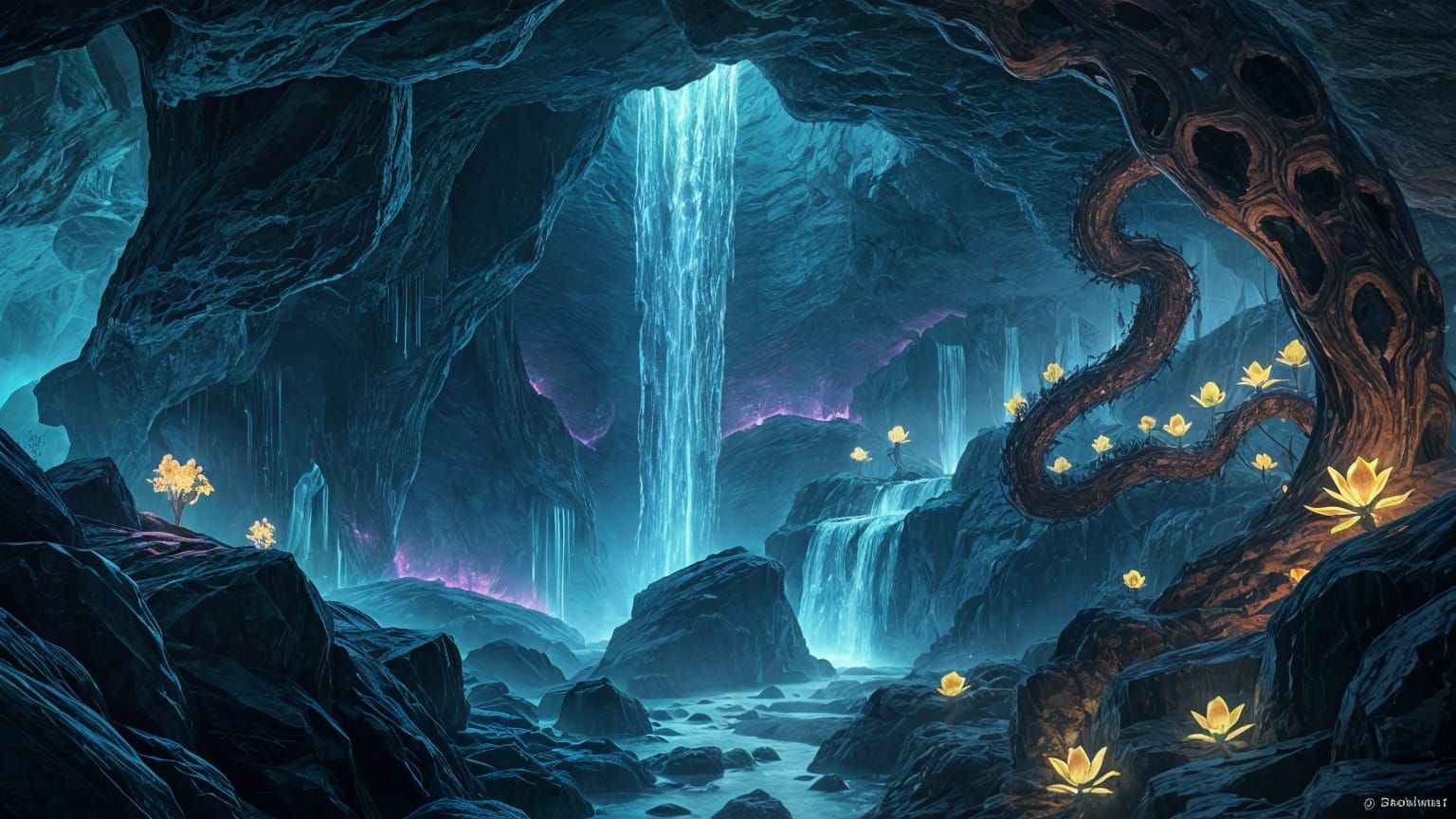 Bioluminescent Waterfall in Crystal Cave: Anime-Inspired
