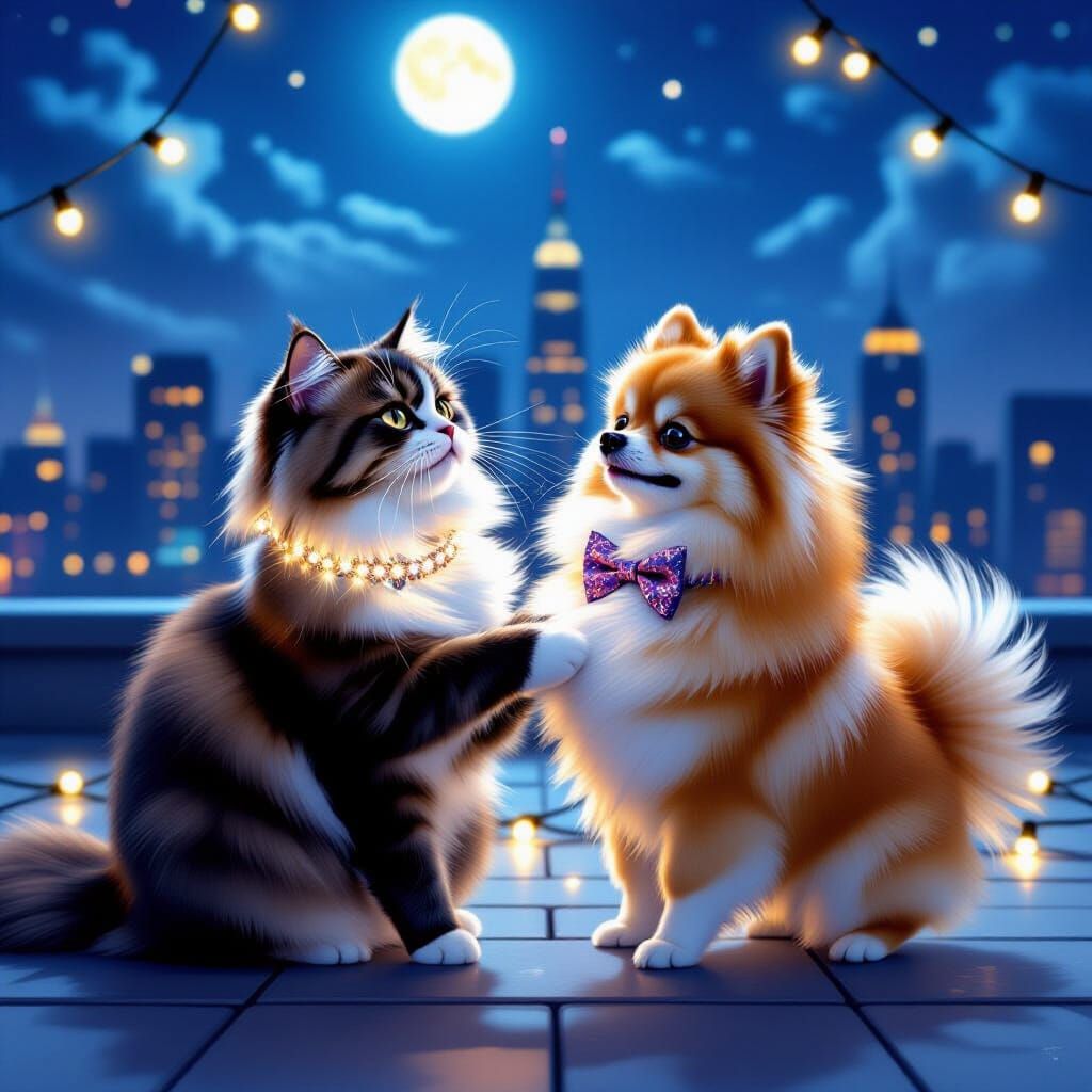 Dancing Cat and Dog on Rooftop in Photorealistic Style