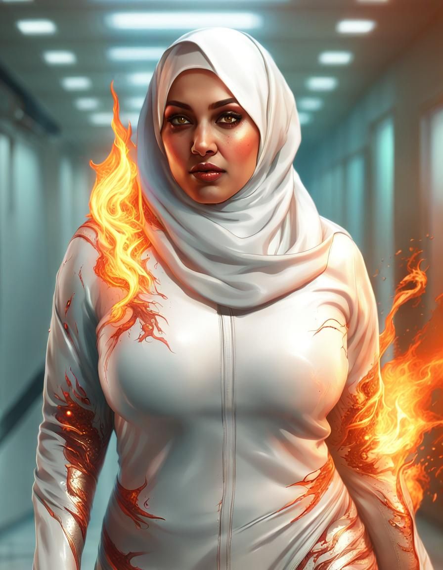 Fiery Heroine in Hospital Corridor: Hyperdetailed Portrait