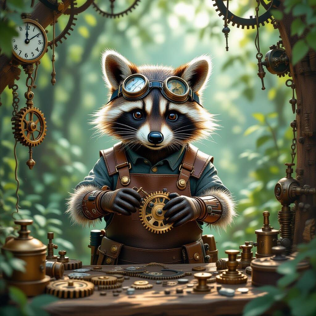 Raccoon Artificer Tinkering with Clockwork, Hyperrealistic S...