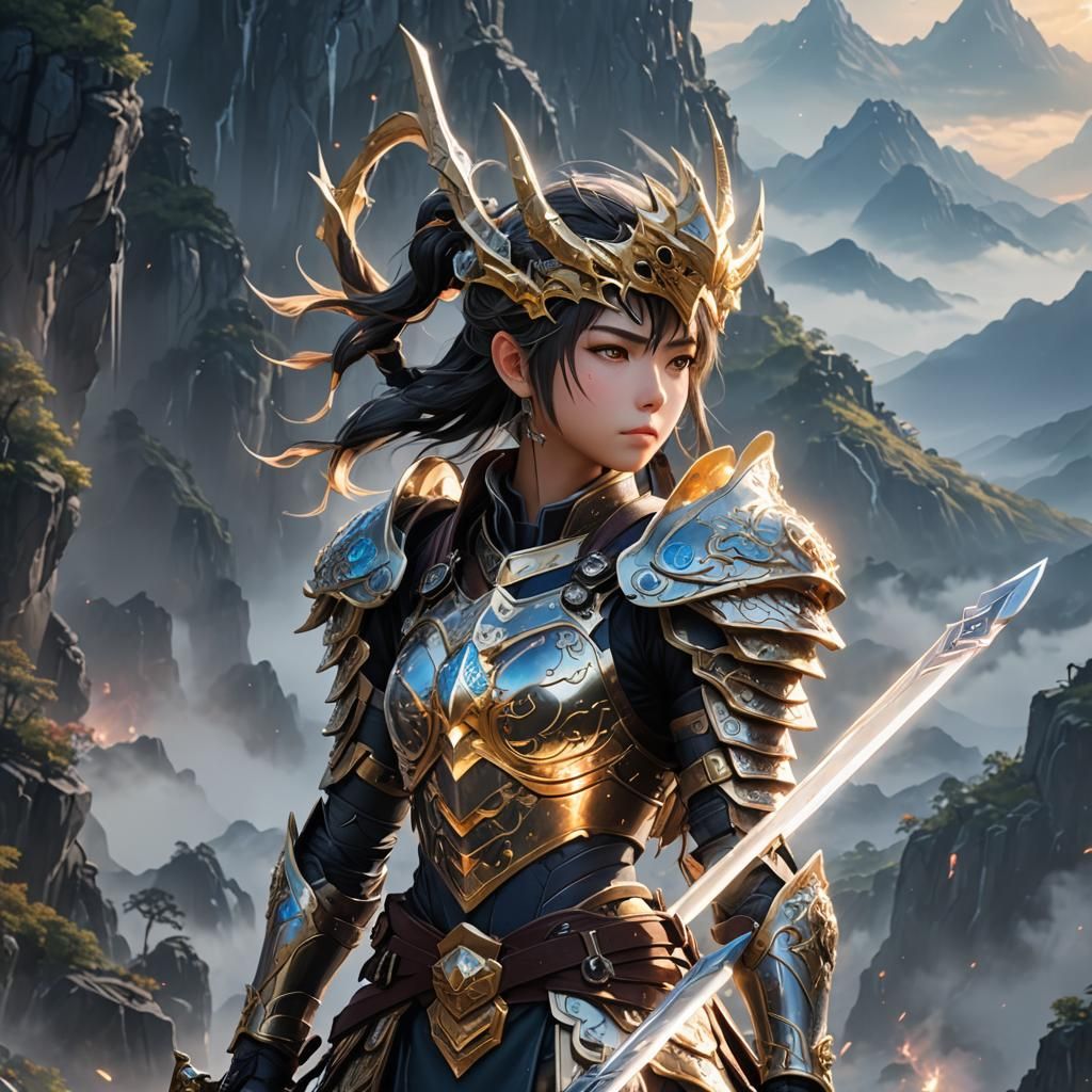 Anime Warrior in Misty Mountains, 3D Render