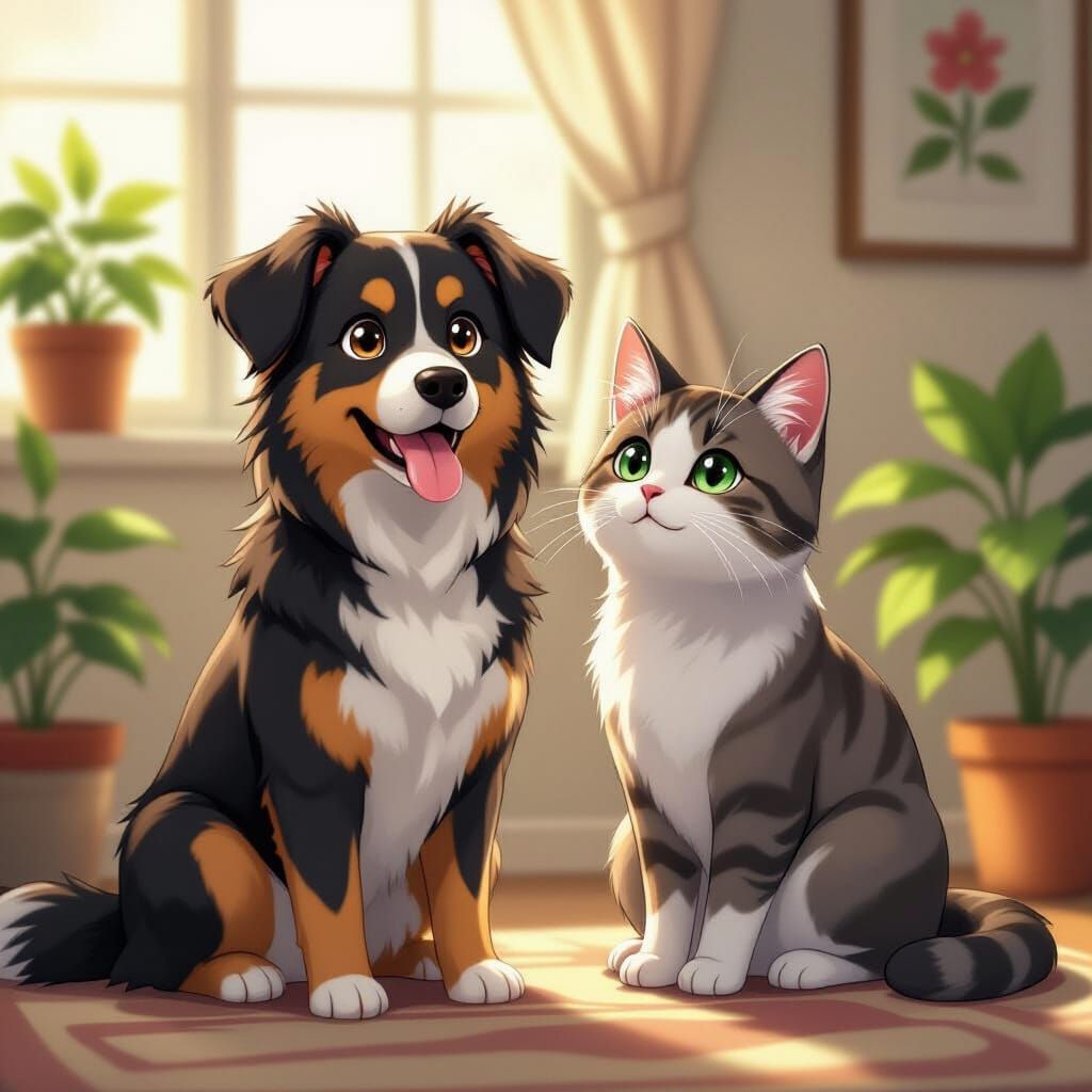 Loyal Dog and Aloof Cat in Vibrant Anime Style