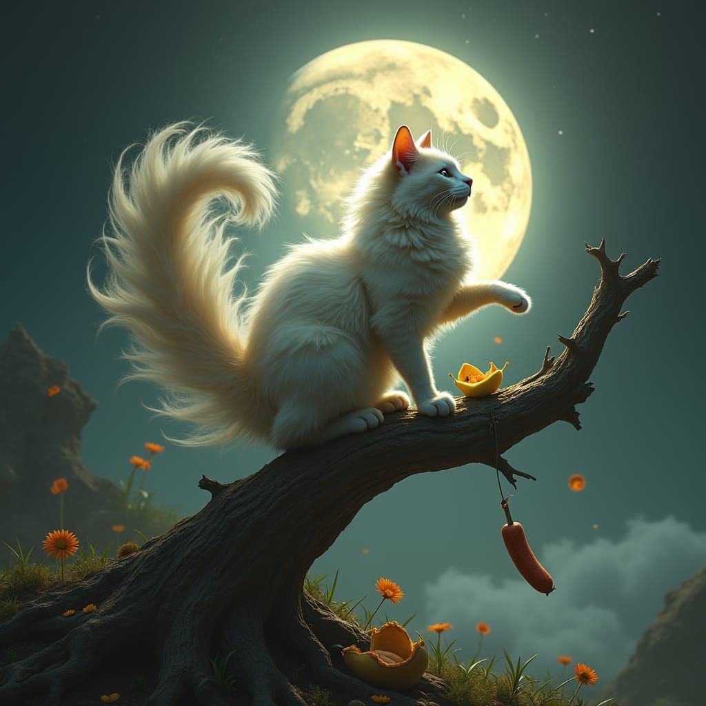 Mystical Cat on Twisted Root Under Moonlight