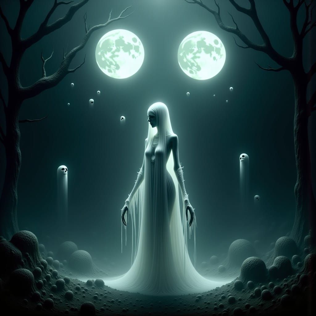 Eerie Alien Woman in Dark Forest Art