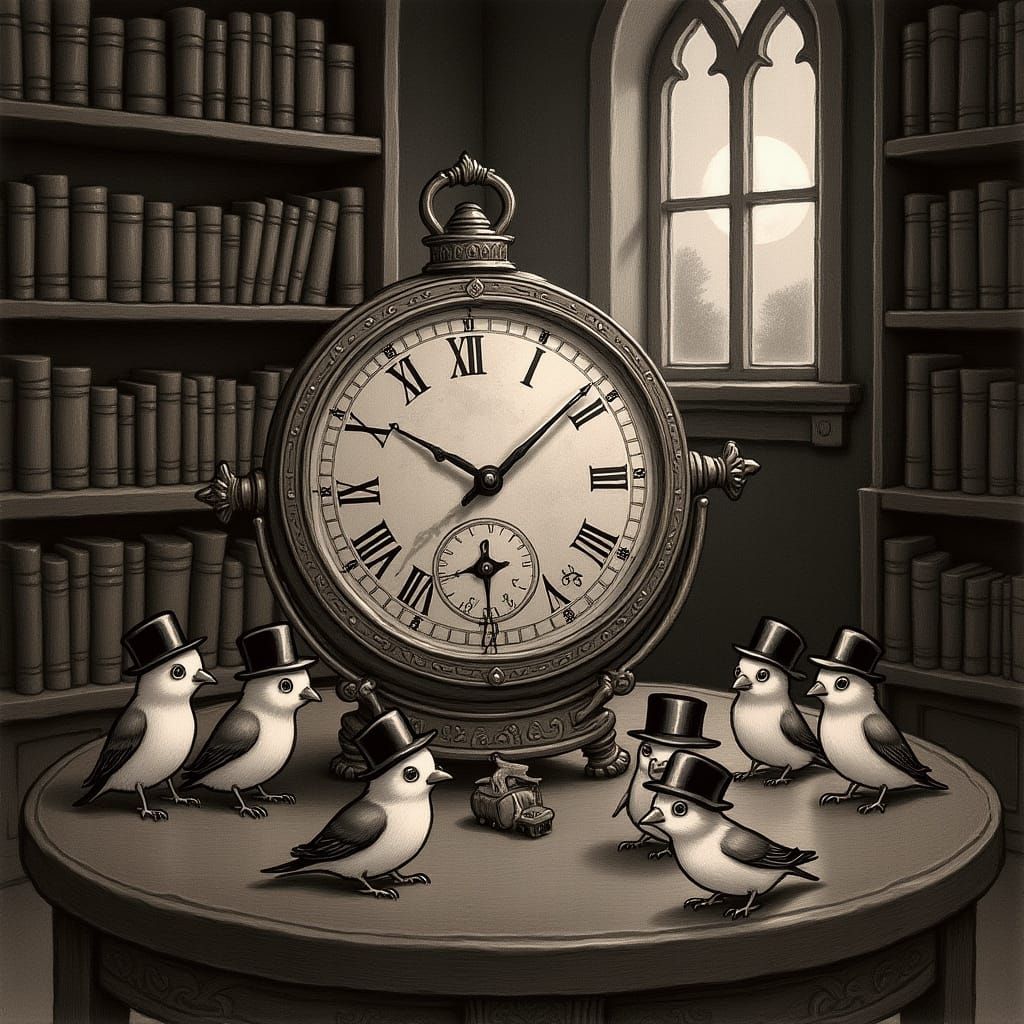 Dapper Finches and Astrolabe in Ancient Library, Ink Wash St...