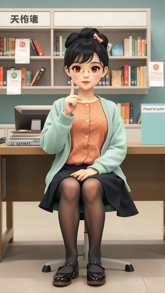 Librarian Shushes in Kawaii Style at Library Desk