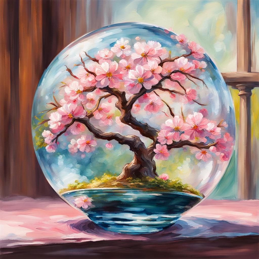 Cherry Blossoms in Glass Orb: Gouache Impressionism