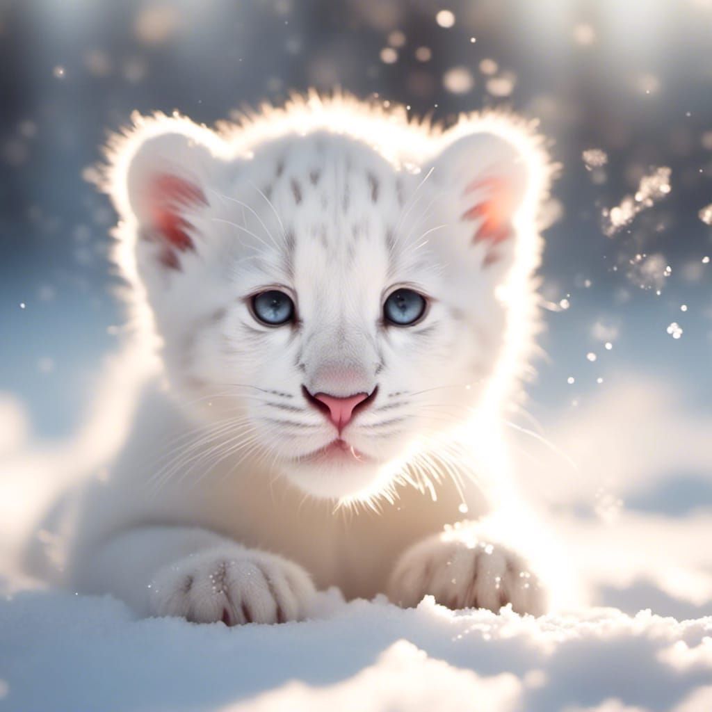 Playful White Panther Cub in Snowy Scene