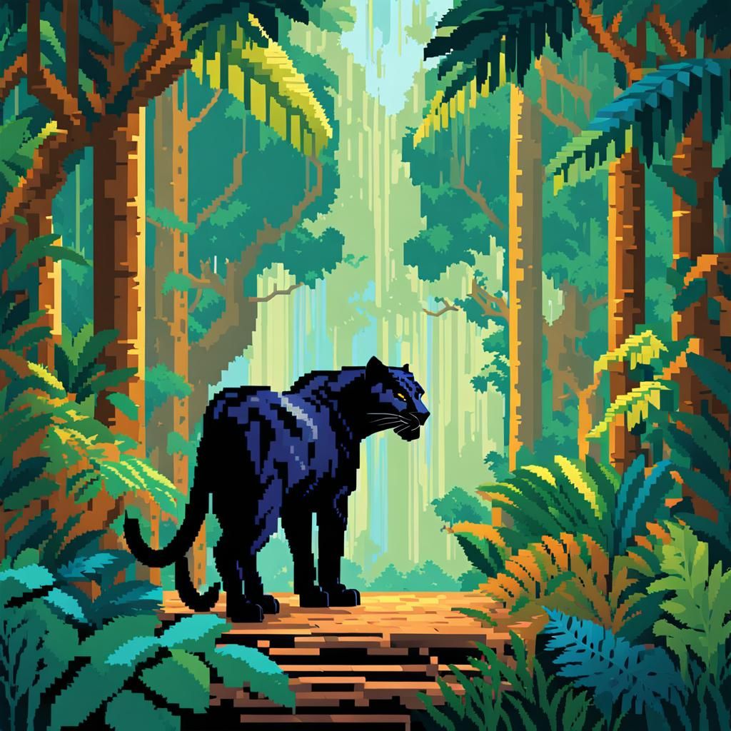 Black Panther in Jungle: 8-bit Pixel Art
